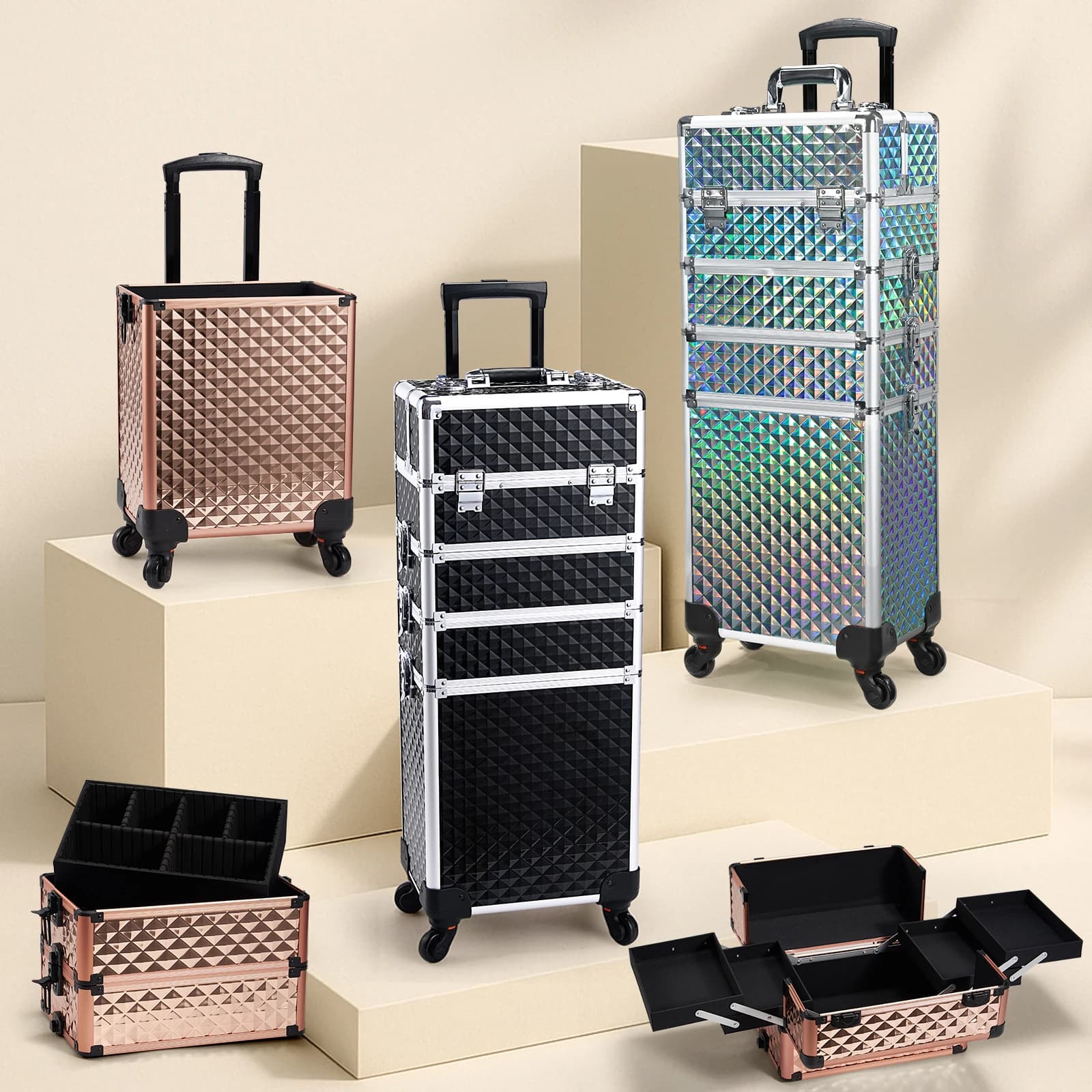 Makeup Trolley Case Detachable 4 in 1 Alloy Train Briefcase for Nail Manicure on Wheels Lock Salon Large Capacity Storage Case