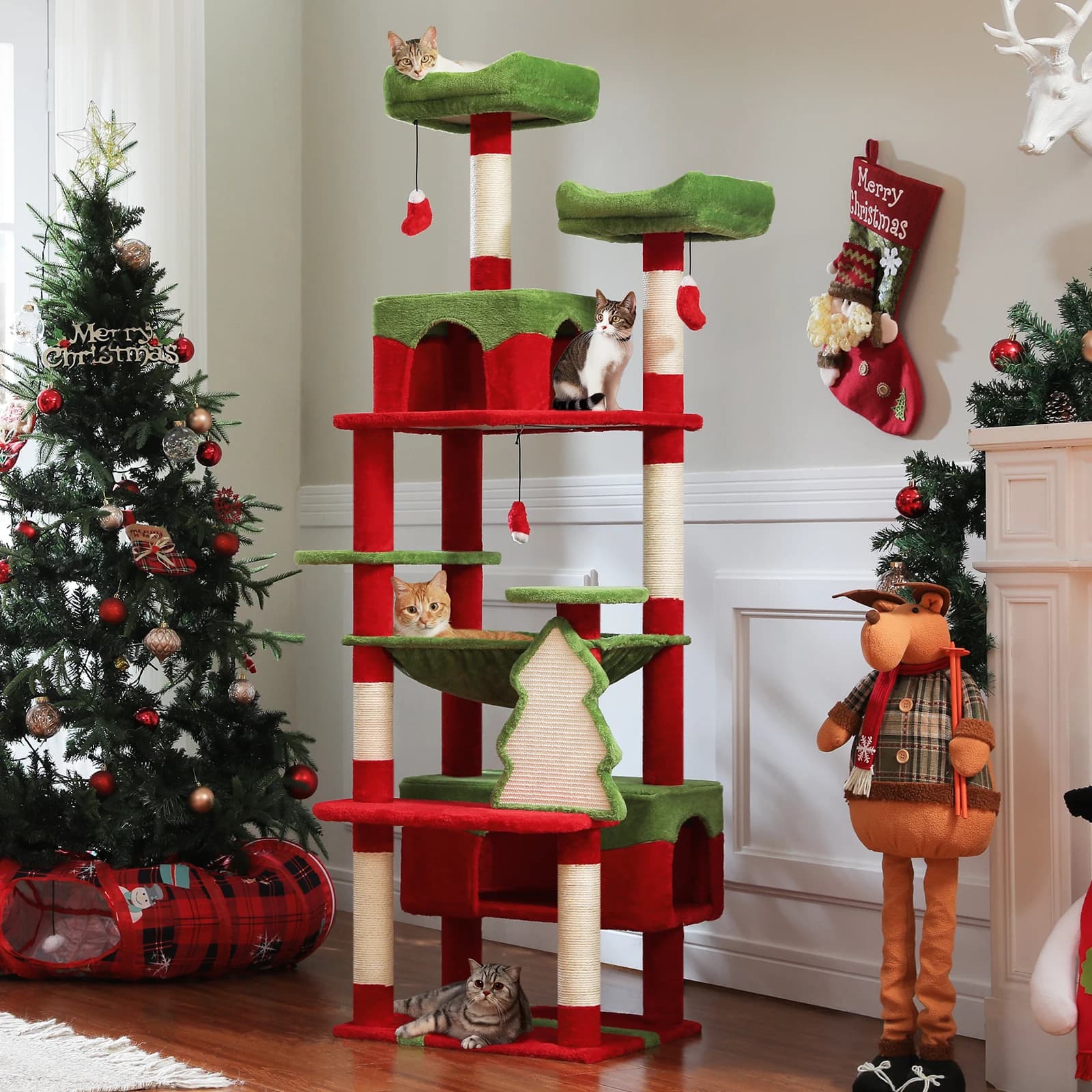 Christmas Cat Tree with Sisal Scratching Posts Spacious Condo Hammock Tall Large Cat Tower for Indoor Cat House Bed Cat Toys