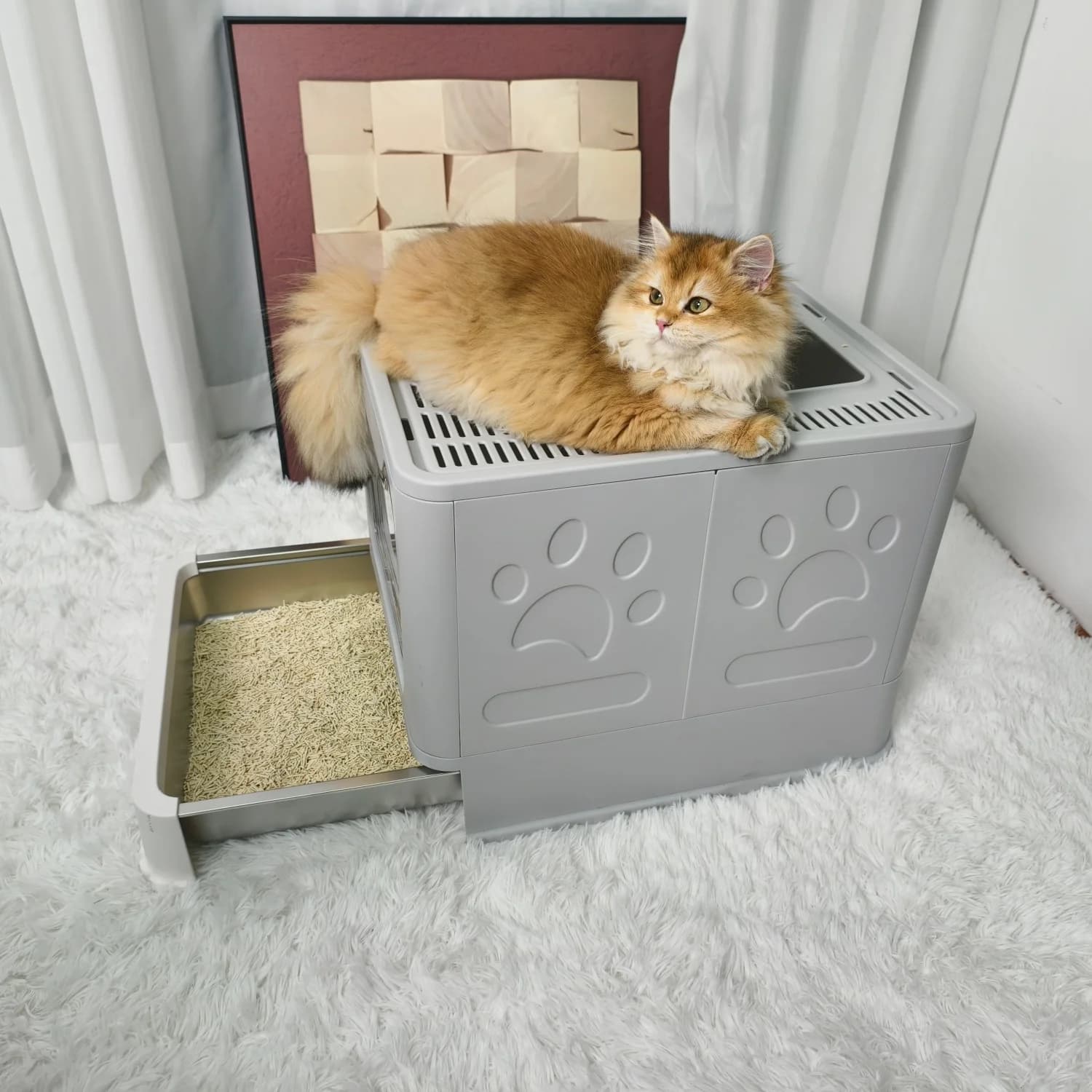 Front Entry Top Exit Cat Litter Tray Box with Scoop and Drawer Foldable Hooded Kitty Pet Toilet Extra Large