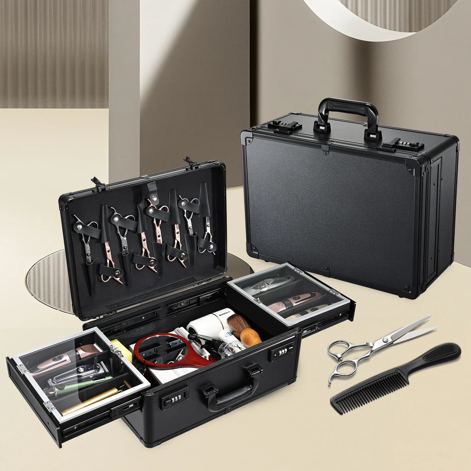 Barber Case 6 Clippers Sliding Tray, Profesional Barbers Briefcase Tool Case Clipperss Scissors Trimmer organize Travel Suitcase